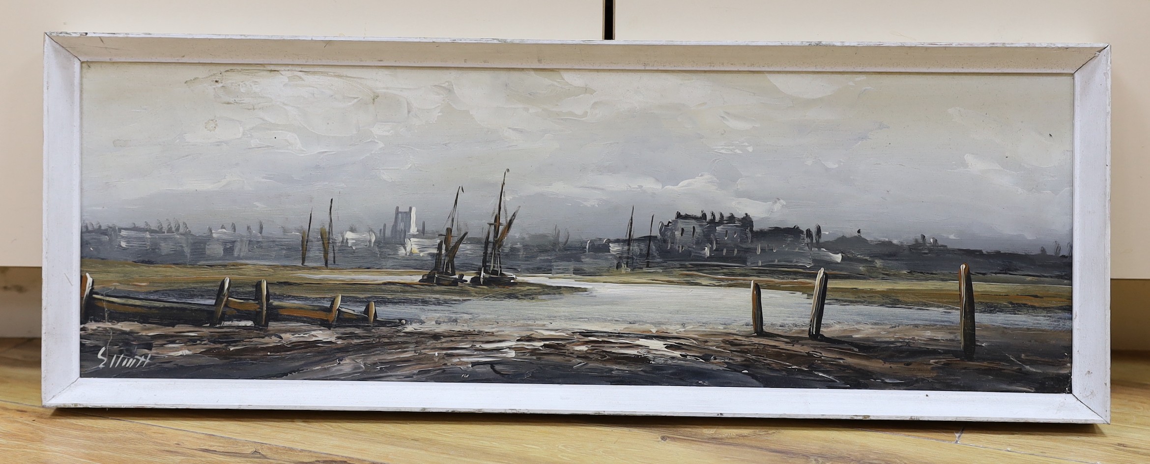 Edward Elliott (b.1918), oil on board, Estuary at low tide, signed, 19 x 60cm